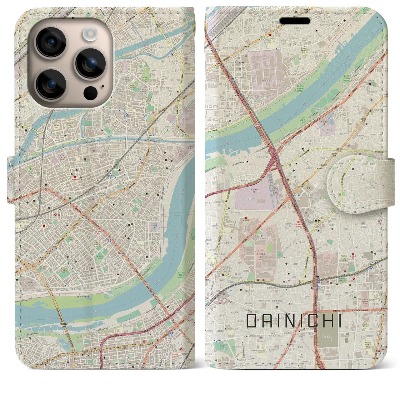 【大日(大阪府)】地図柄iPhoneケース(手帳タイプ)ナチュラル・iPhone 16 Plus 用