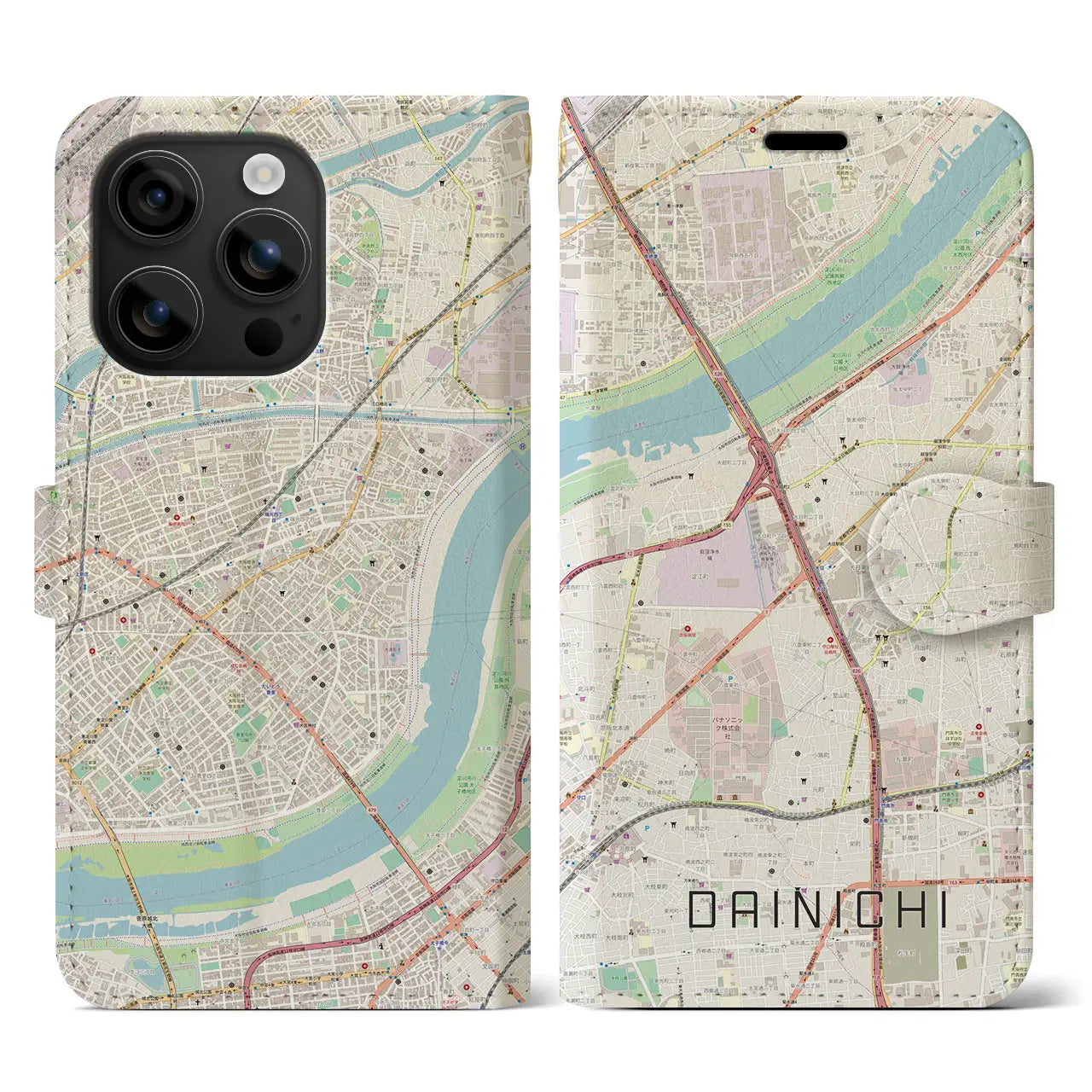 【大日(大阪府)】地図柄iPhoneケース(手帳タイプ)ナチュラル・iPhone 16 用