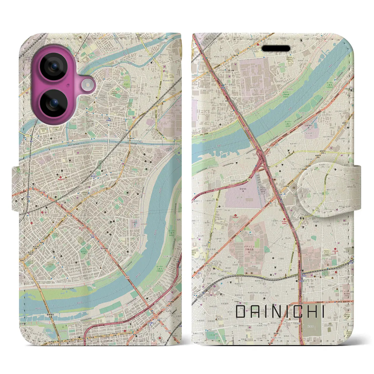 【大日(大阪府)】地図柄iPhoneケース(手帳タイプ)ナチュラル・iPhone 16 Pro 用