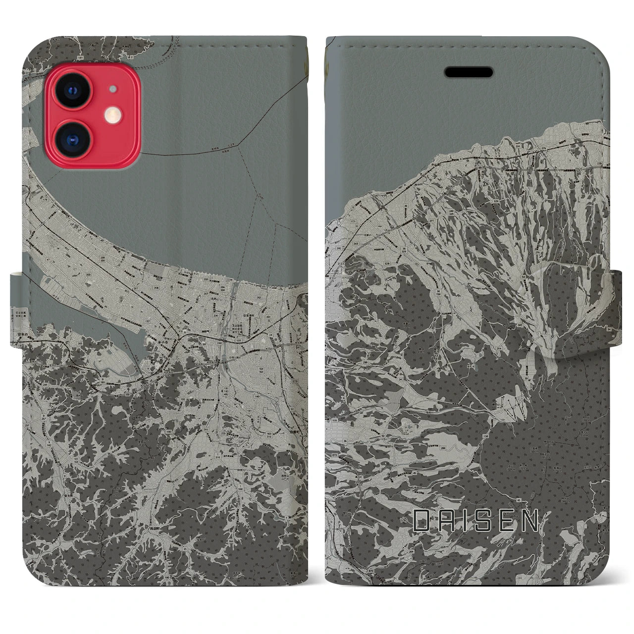 【大山(鳥取県)】地図柄iPhoneケース(手帳タイプ)モノトーン・iPhone 11 用