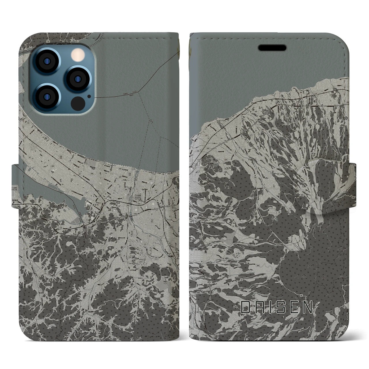 【大山(鳥取県)】地図柄iPhoneケース(手帳タイプ)モノトーン・iPhone 12 / 12 Pro 用