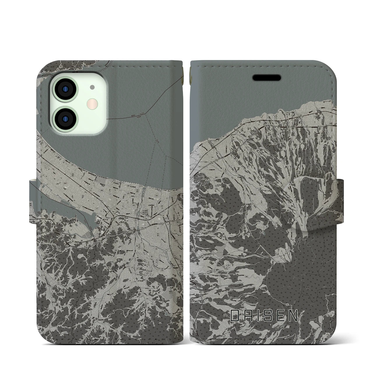 【大山(鳥取県)】地図柄iPhoneケース(手帳タイプ)モノトーン・iPhone 12 mini 用