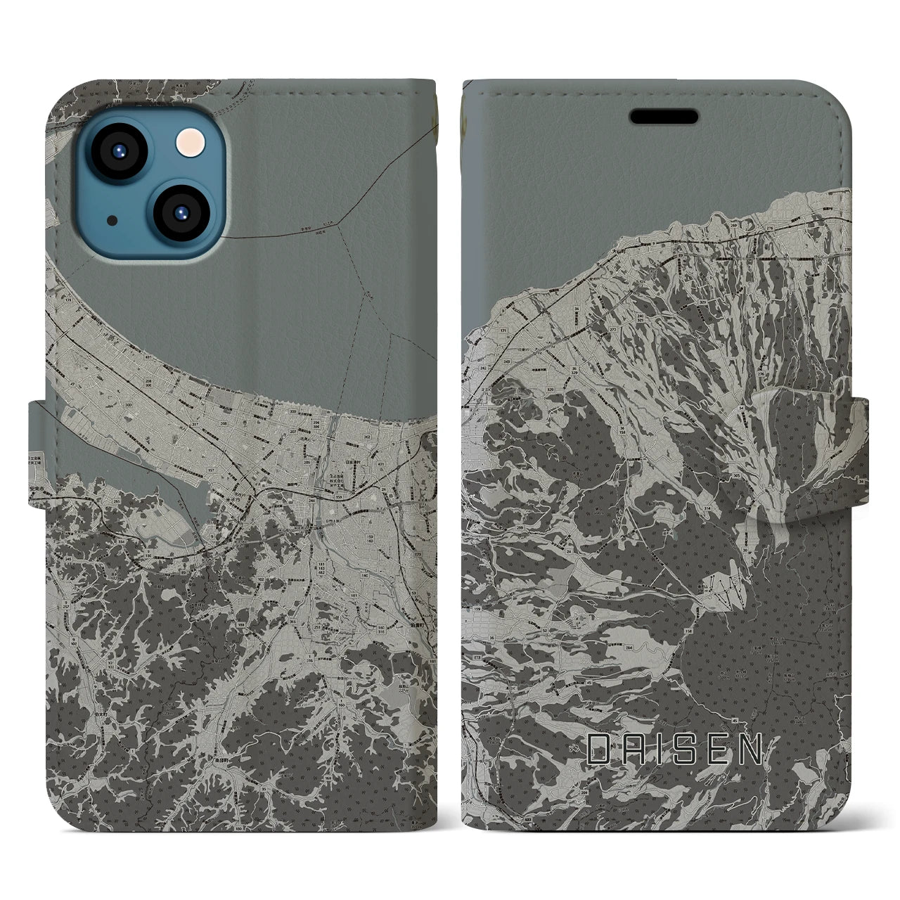 【大山(鳥取県)】地図柄iPhoneケース(手帳タイプ)モノトーン・iPhone 13 用