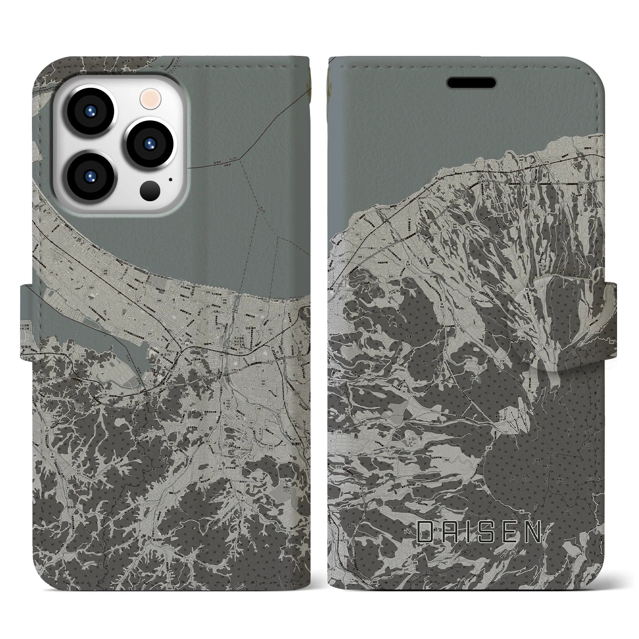 【大山(鳥取県)】地図柄iPhoneケース(手帳タイプ)モノトーン・iPhone 13 Pro 用