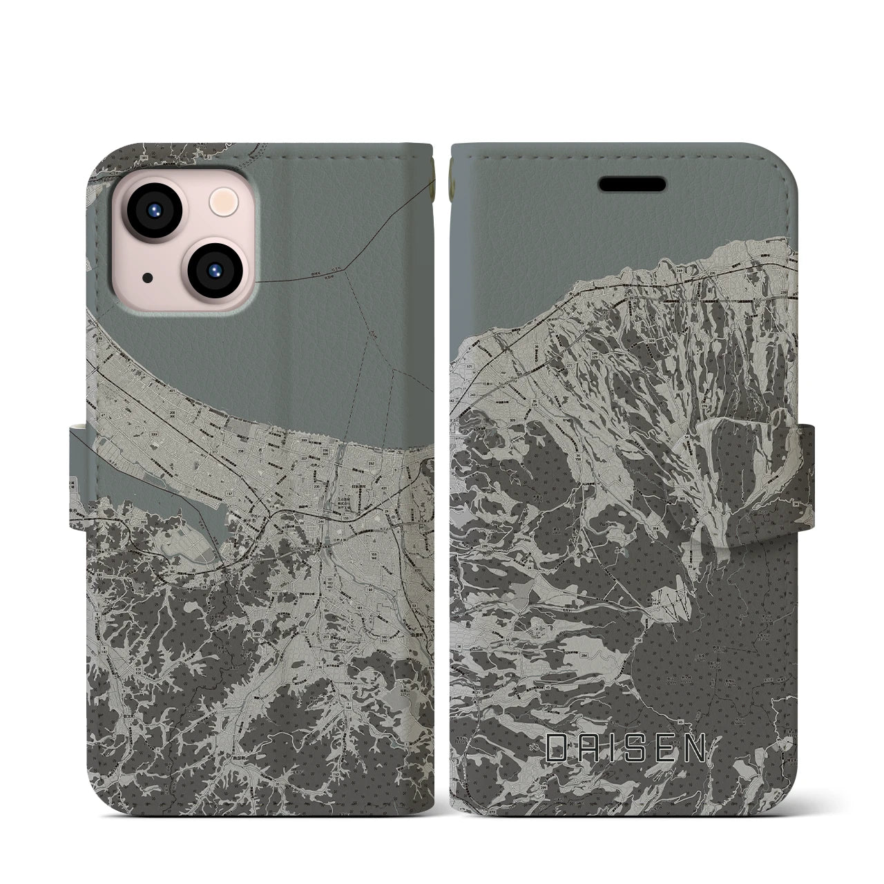 【大山(鳥取県)】地図柄iPhoneケース(手帳タイプ)モノトーン・iPhone 13 mini 用