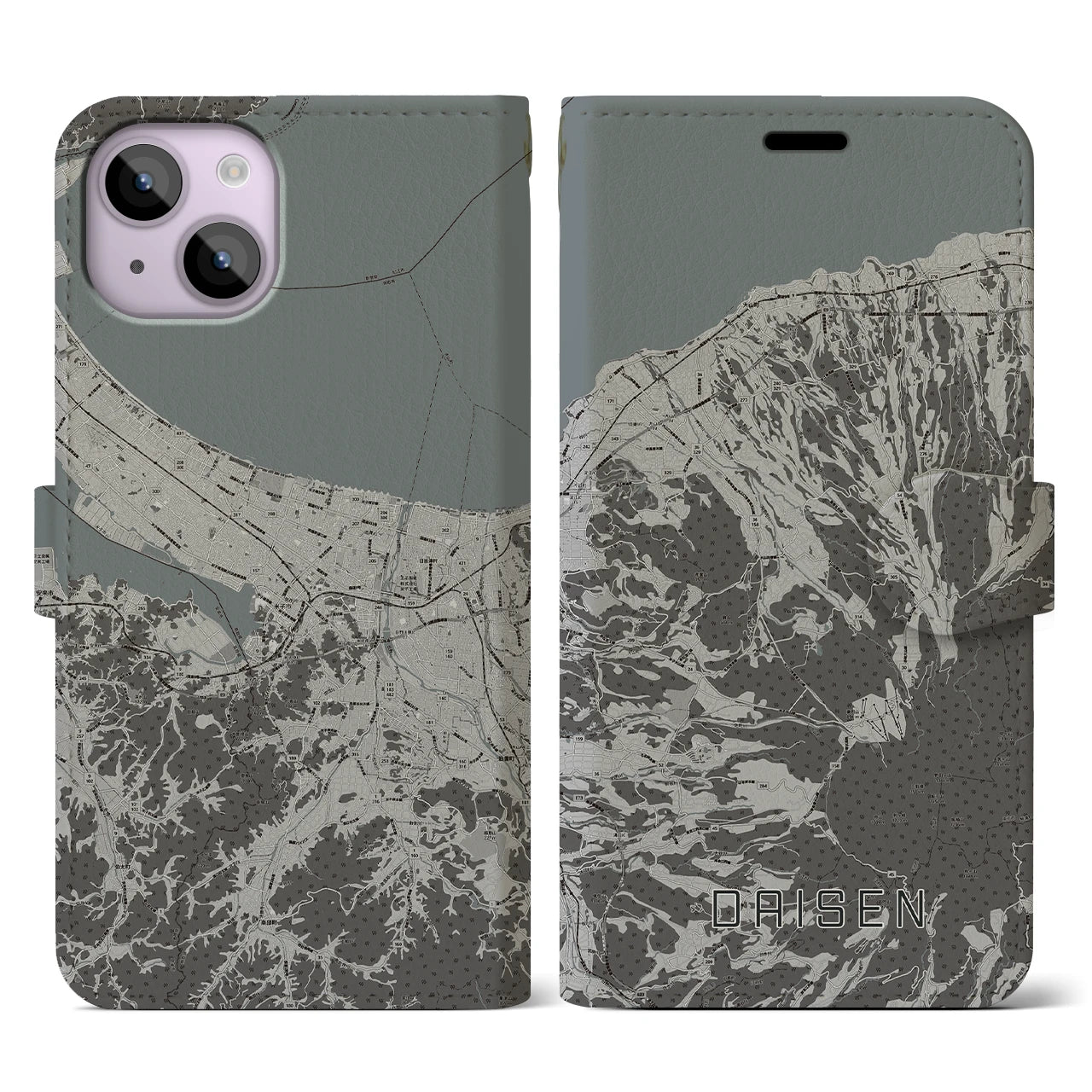 【大山(鳥取県)】地図柄iPhoneケース(手帳タイプ)モノトーン・iPhone 14 用