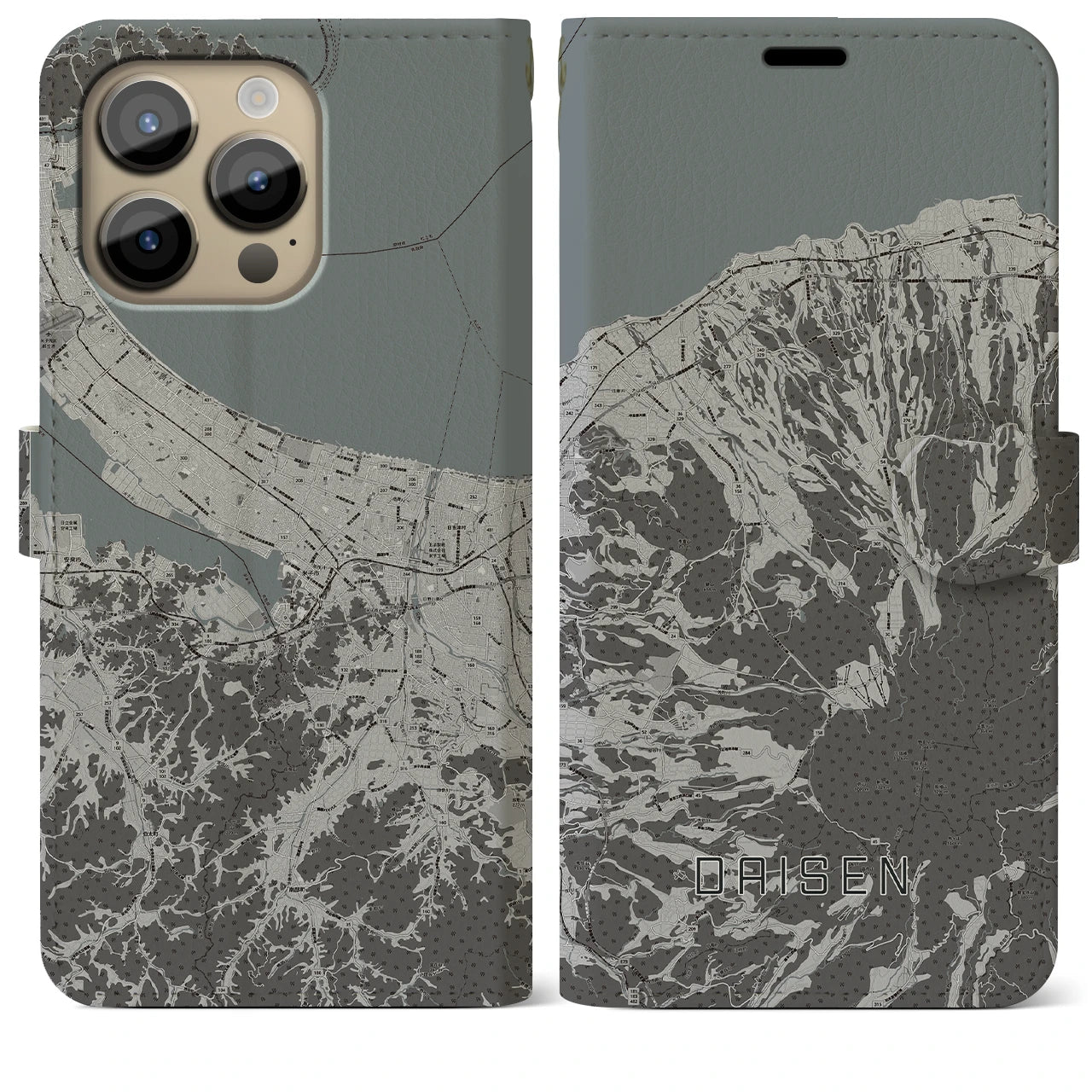 【大山(鳥取県)】地図柄iPhoneケース(手帳タイプ)モノトーン・iPhone 14 Pro Max 用