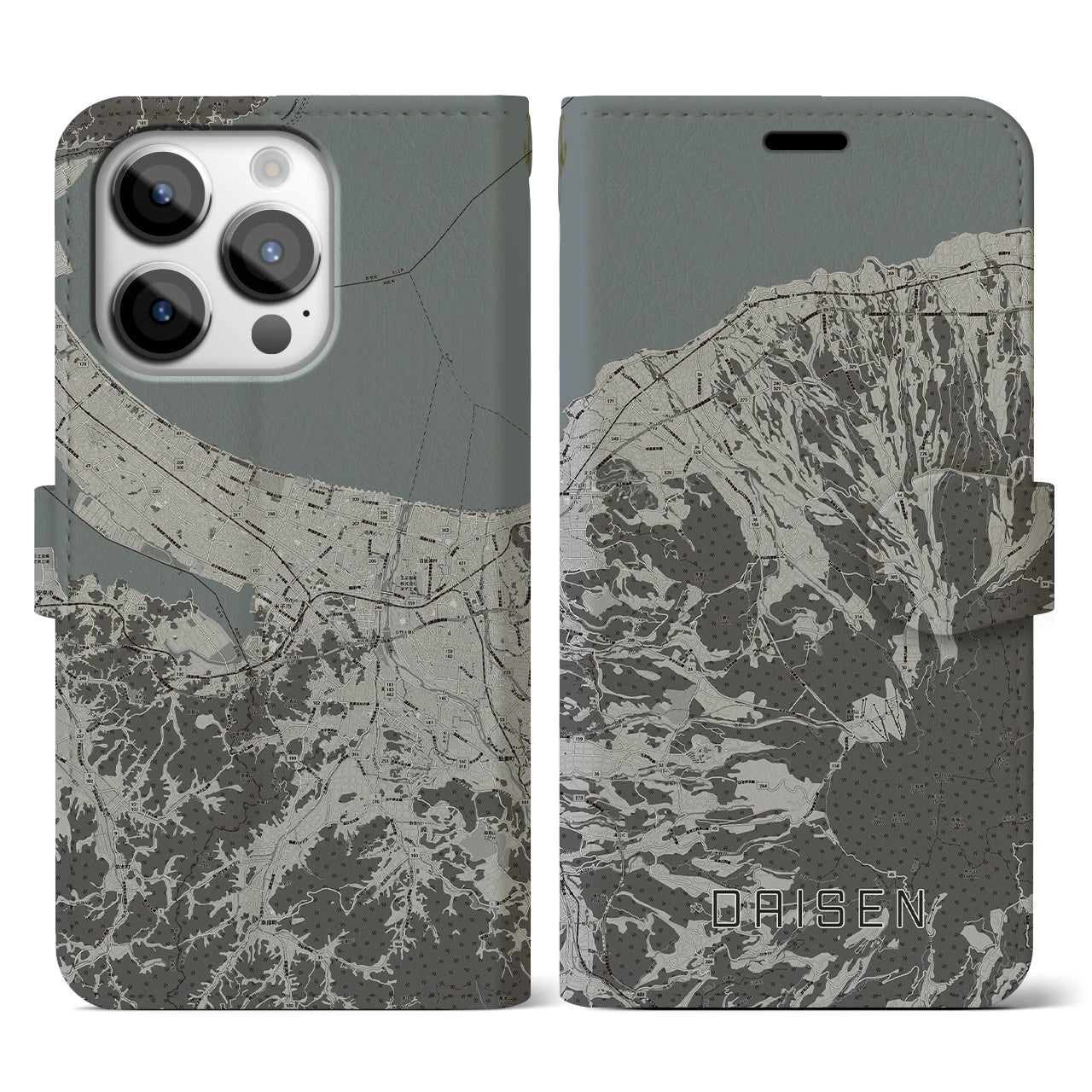 【大山(鳥取県)】地図柄iPhoneケース(手帳タイプ)モノトーン・iPhone 14 Pro 用