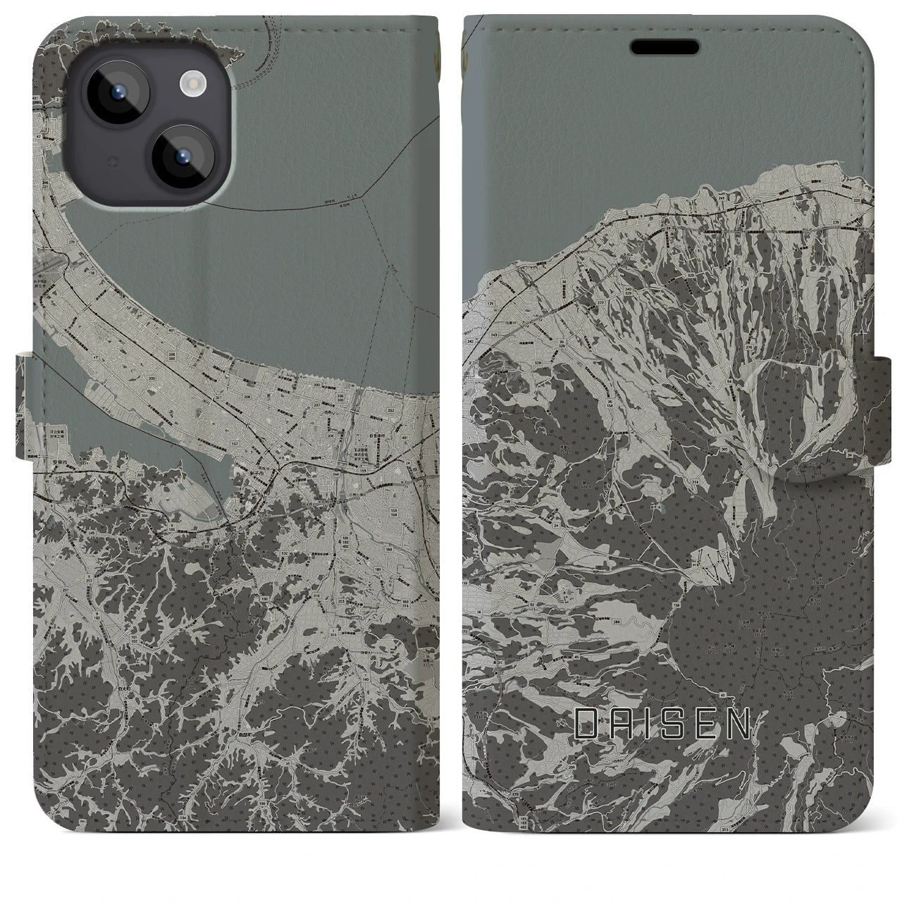 【大山(鳥取県)】地図柄iPhoneケース(手帳タイプ)モノトーン・iPhone 14 Plus 用