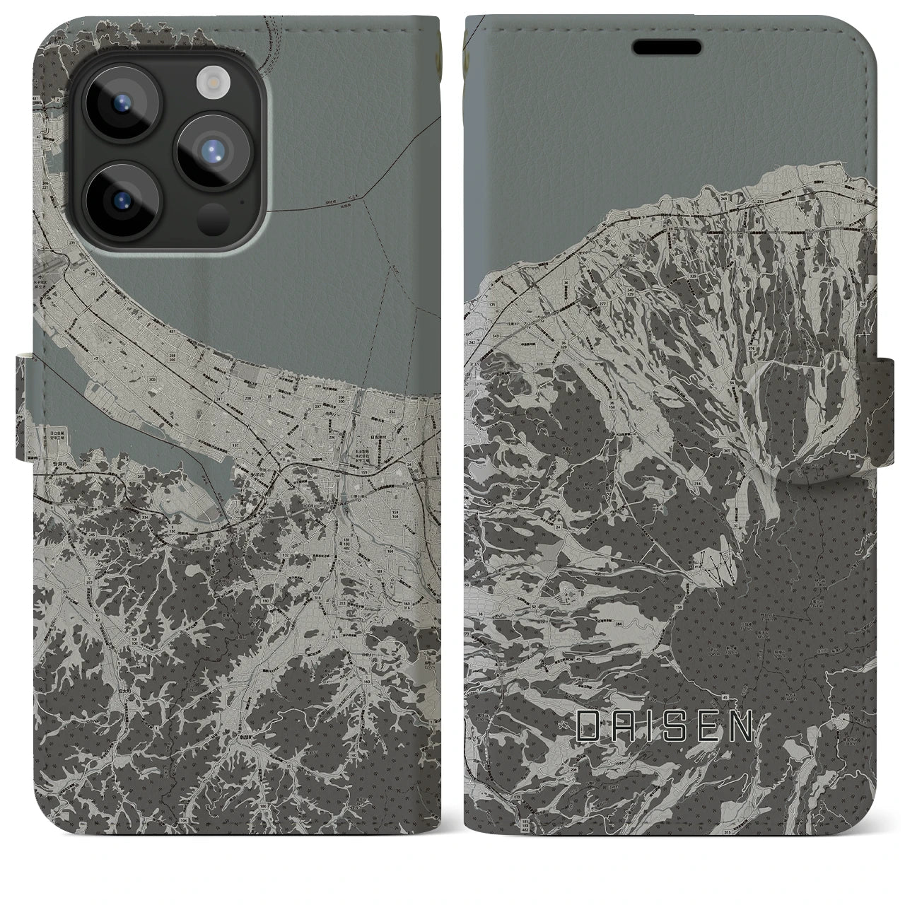 【大山(鳥取県)】地図柄iPhoneケース(手帳タイプ)モノトーン・iPhone 15 Pro Max 用