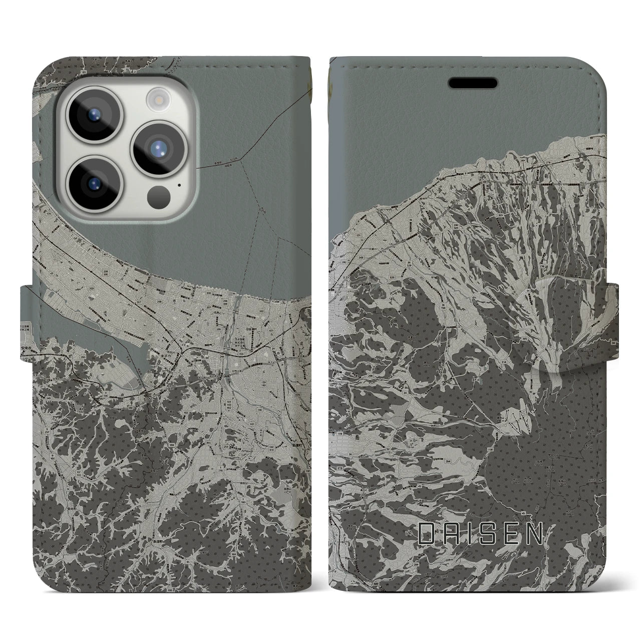【大山(鳥取県)】地図柄iPhoneケース(手帳タイプ)モノトーン・iPhone 15 Pro 用
