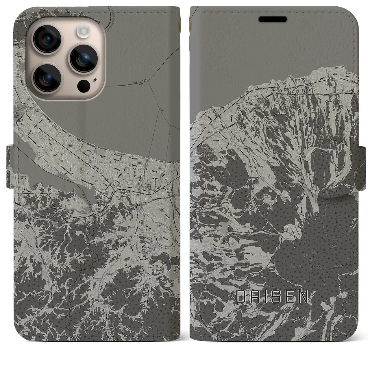 【大山(鳥取県)】地図柄iPhoneケース(手帳タイプ)モノトーン・iPhone 16 Plus 用
