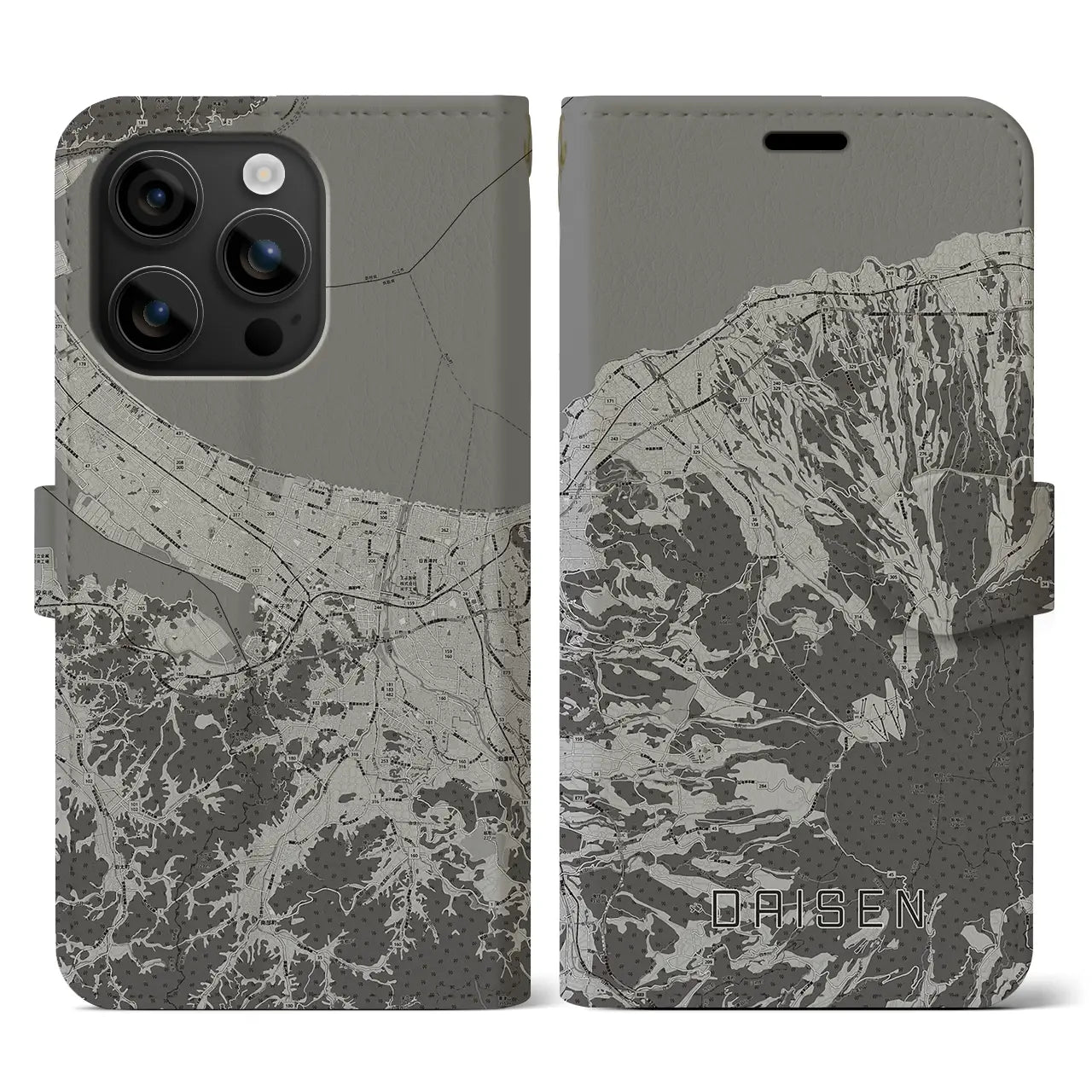 【大山(鳥取県)】地図柄iPhoneケース(手帳タイプ)モノトーン・iPhone 16 用
