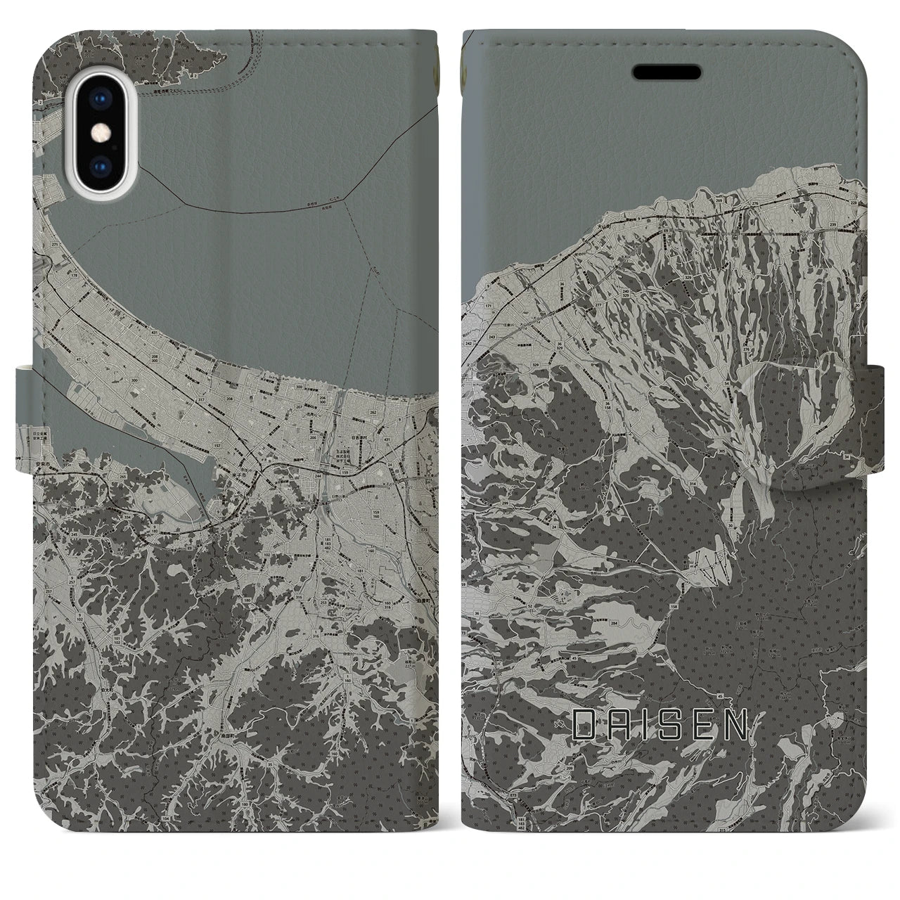 【大山(鳥取県)】地図柄iPhoneケース(手帳タイプ)モノトーン・iPhone XS Max 用