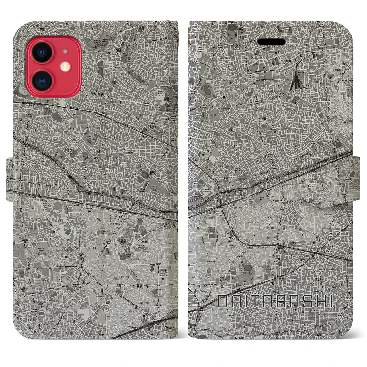 【代田橋(東京都)】地図柄iPhoneケース(手帳タイプ)モノトーン・iPhone 11 用