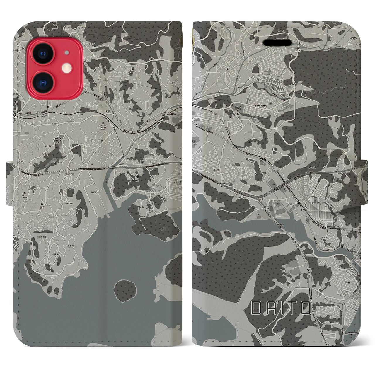 【大塔(長崎県)】地図柄iPhoneケース(手帳タイプ)モノトーン・iPhone 11 用