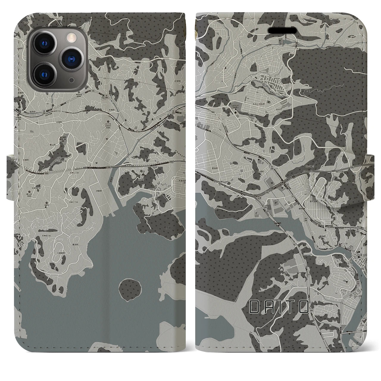 【大塔(長崎県)】地図柄iPhoneケース(手帳タイプ)モノトーン・iPhone 11 Pro Max 用