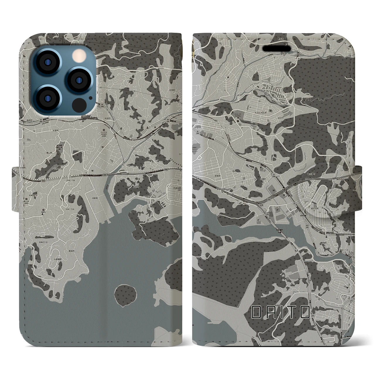 【大塔(長崎県)】地図柄iPhoneケース(手帳タイプ)モノトーン・iPhone 12 / 12 Pro 用