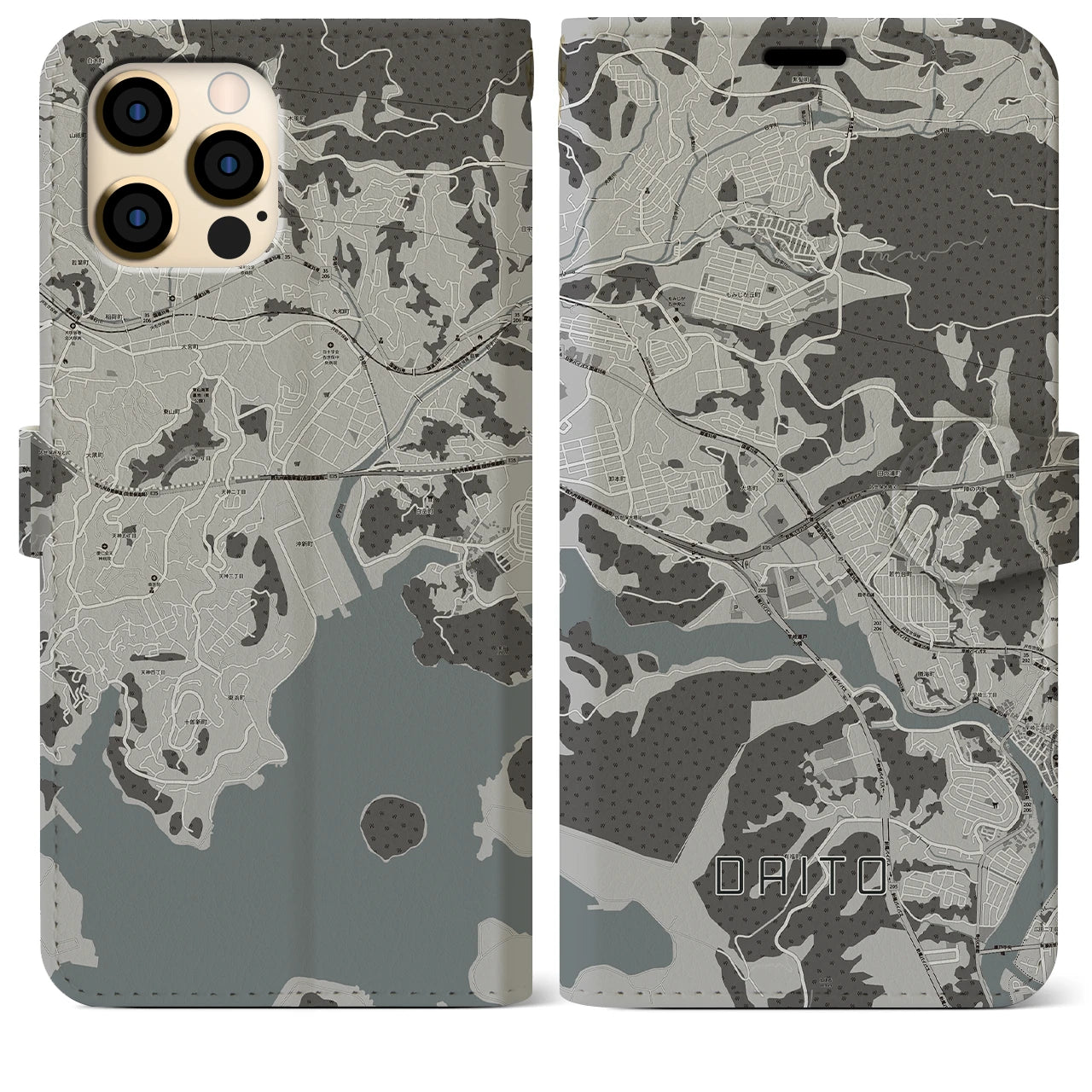【大塔(長崎県)】地図柄iPhoneケース(手帳タイプ)モノトーン・iPhone 12 Pro Max 用