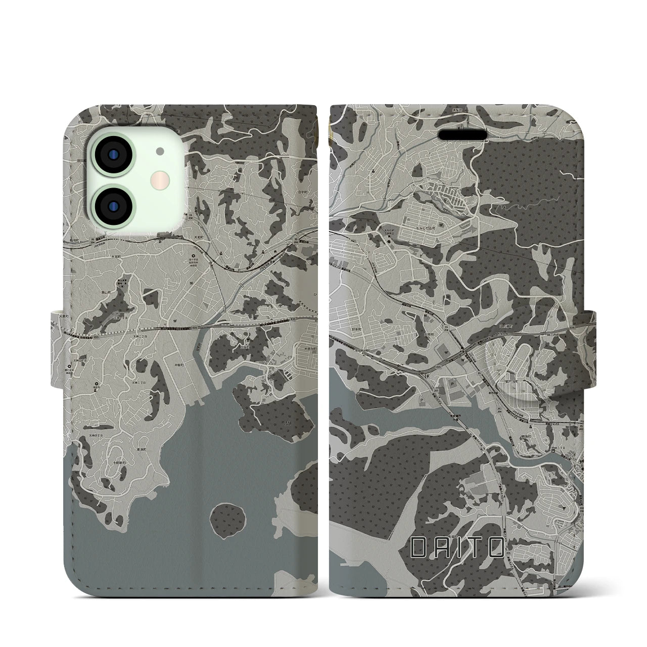 【大塔(長崎県)】地図柄iPhoneケース(手帳タイプ)モノトーン・iPhone 12 mini 用
