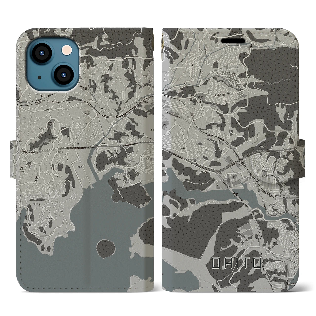 【大塔(長崎県)】地図柄iPhoneケース(手帳タイプ)モノトーン・iPhone 13 用