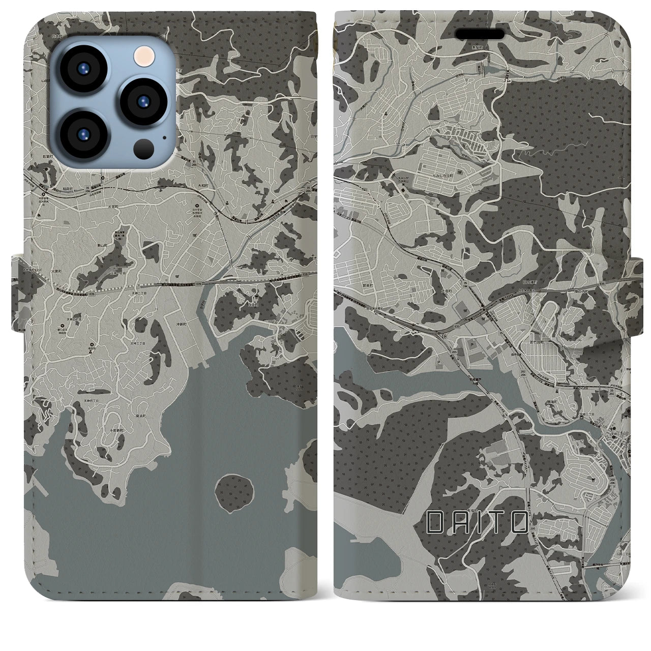 【大塔(長崎県)】地図柄iPhoneケース(手帳タイプ)モノトーン・iPhone 13 Pro Max 用