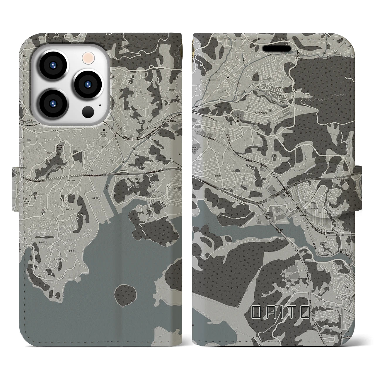 【大塔(長崎県)】地図柄iPhoneケース(手帳タイプ)モノトーン・iPhone 13 Pro 用