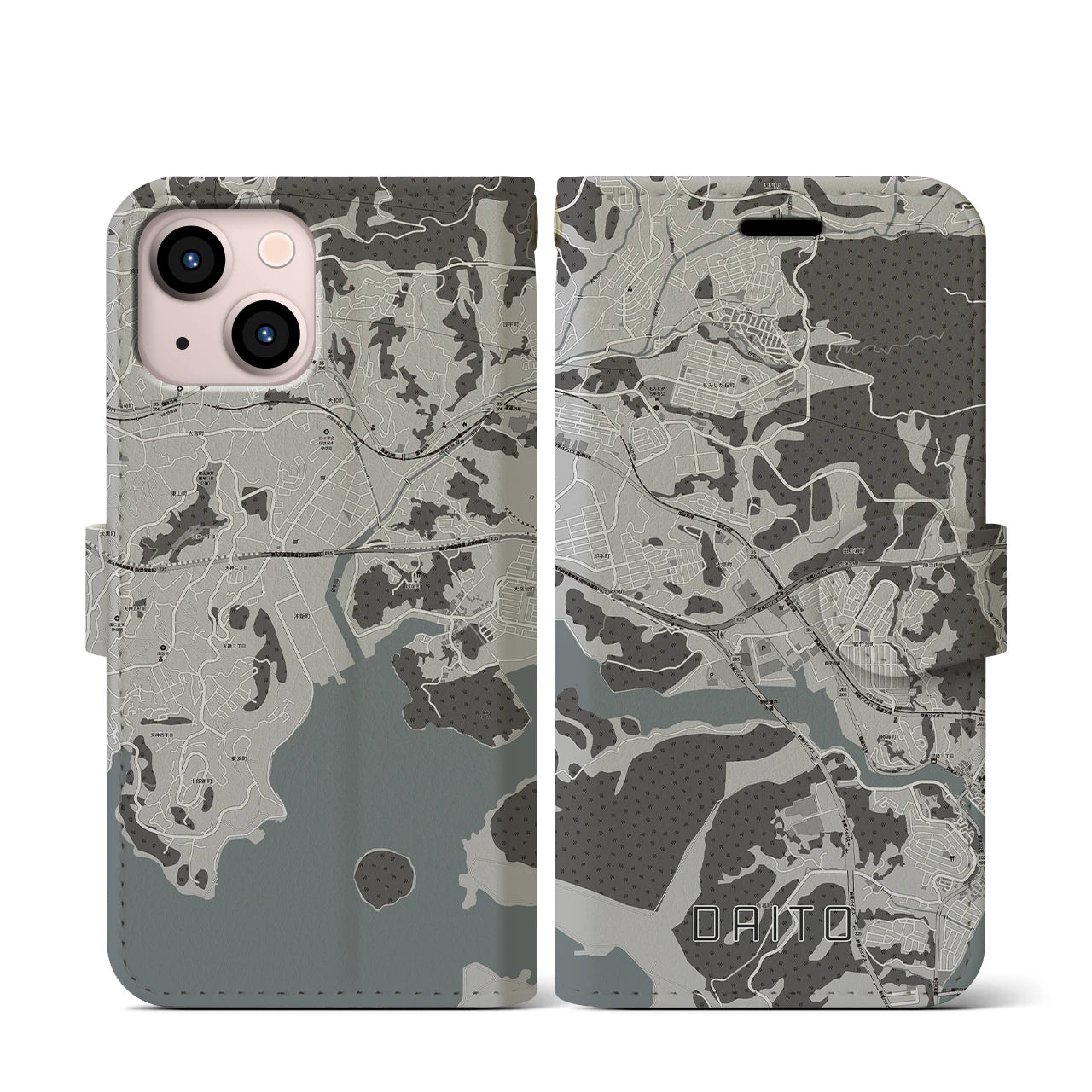 【大塔(長崎県)】地図柄iPhoneケース(手帳タイプ)モノトーン・iPhone 13 mini 用