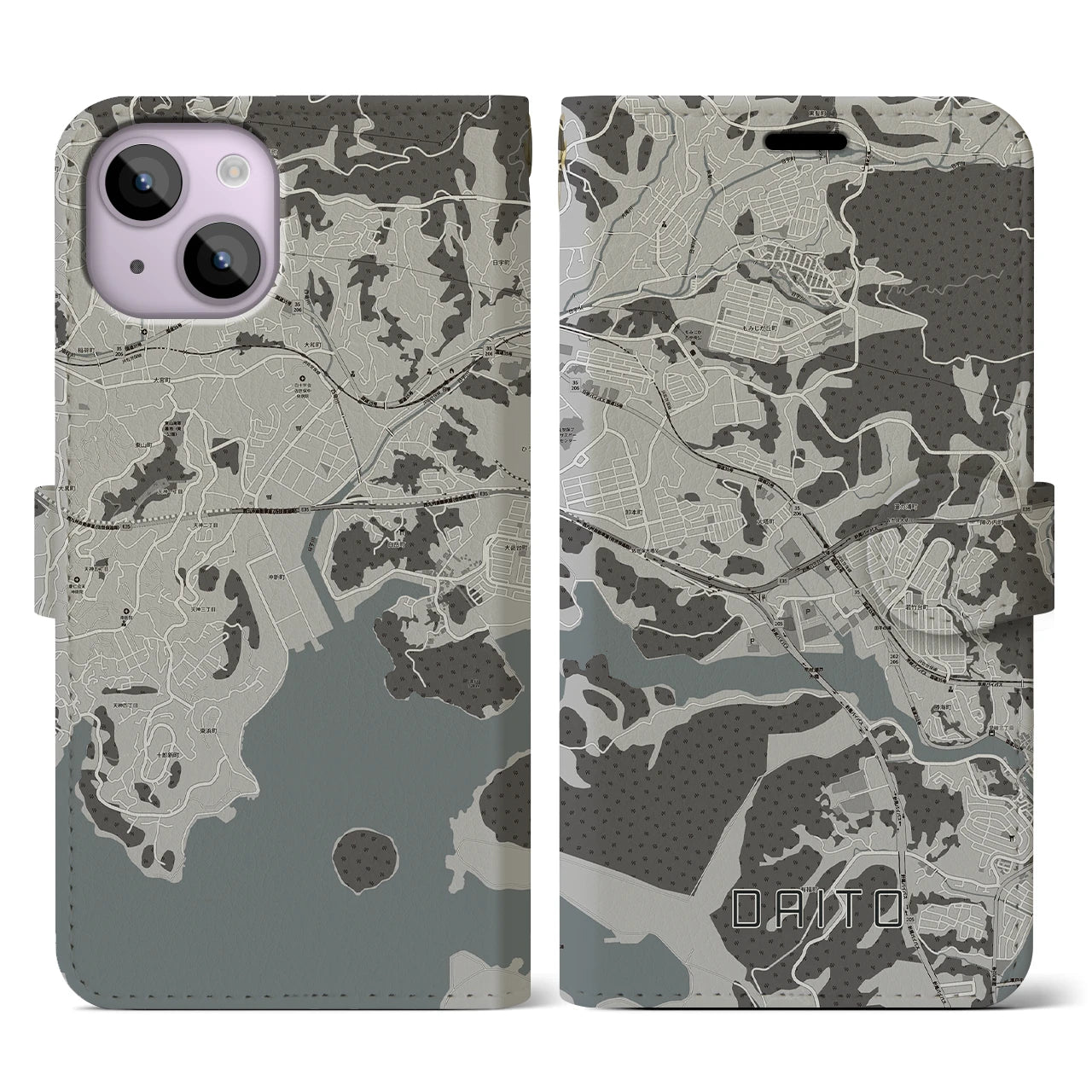 【大塔(長崎県)】地図柄iPhoneケース(手帳タイプ)モノトーン・iPhone 14 用