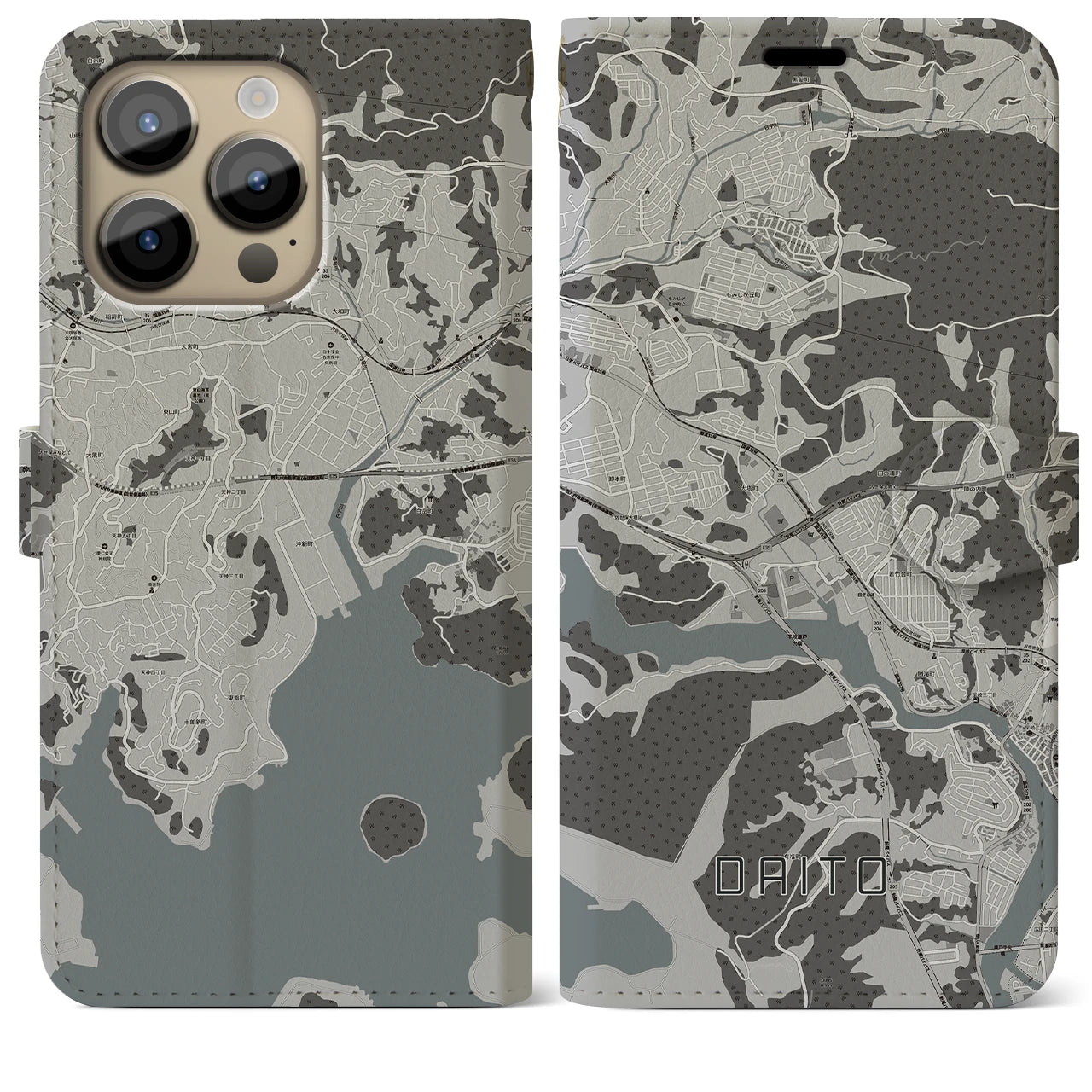 【大塔(長崎県)】地図柄iPhoneケース(手帳タイプ)モノトーン・iPhone 14 Pro Max 用