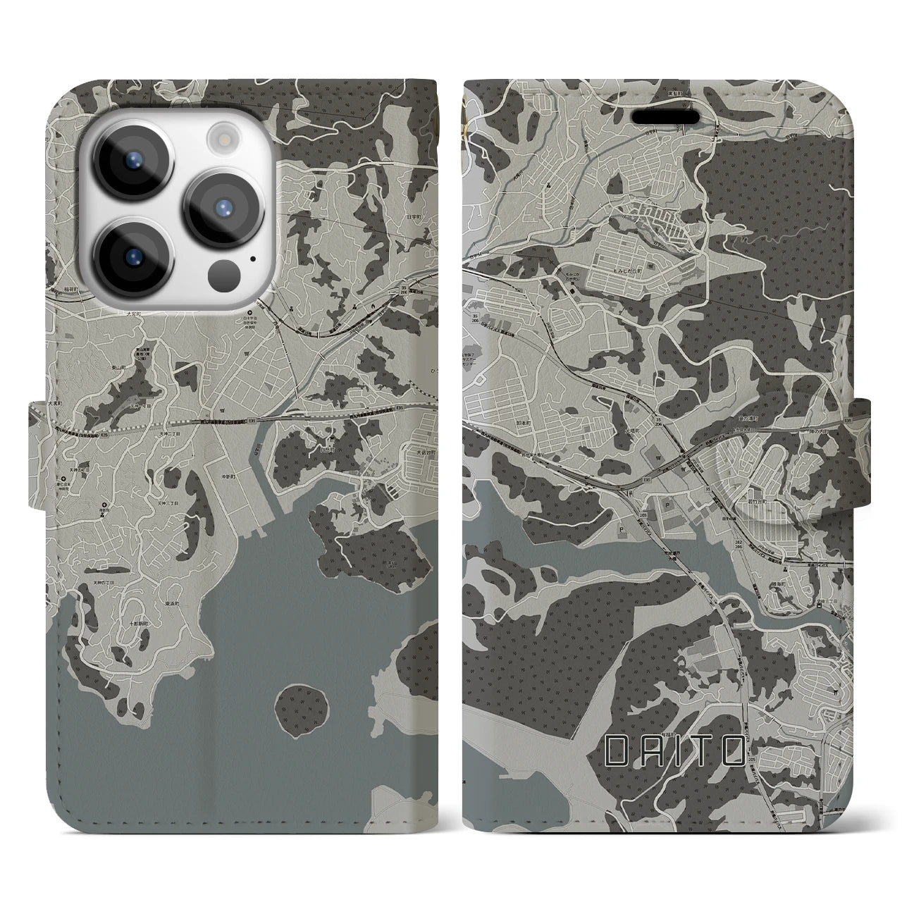 【大塔(長崎県)】地図柄iPhoneケース(手帳タイプ)モノトーン・iPhone 14 Pro 用