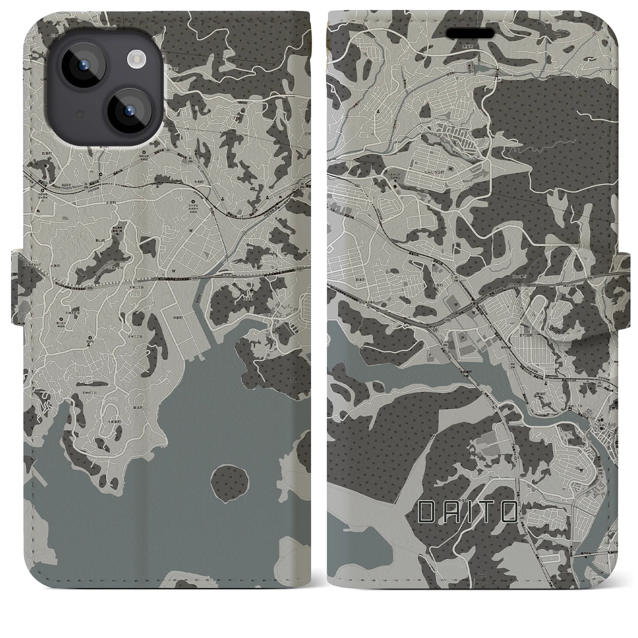 【大塔(長崎県)】地図柄iPhoneケース(手帳タイプ)モノトーン・iPhone 14 Plus 用