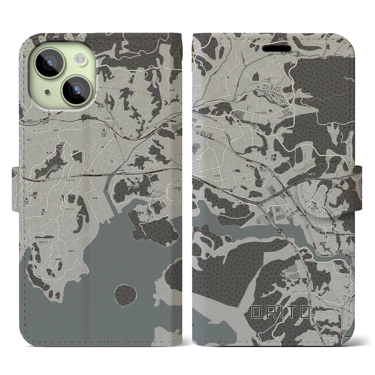 【大塔(長崎県)】地図柄iPhoneケース(手帳タイプ)モノトーン・iPhone 15 用
