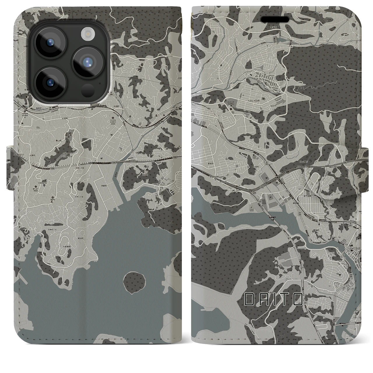 【大塔(長崎県)】地図柄iPhoneケース(手帳タイプ)モノトーン・iPhone 15 Pro Max 用