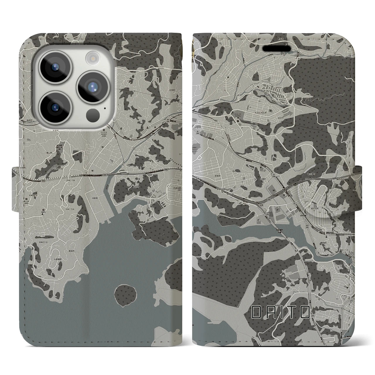 【大塔(長崎県)】地図柄iPhoneケース(手帳タイプ)モノトーン・iPhone 15 Pro 用