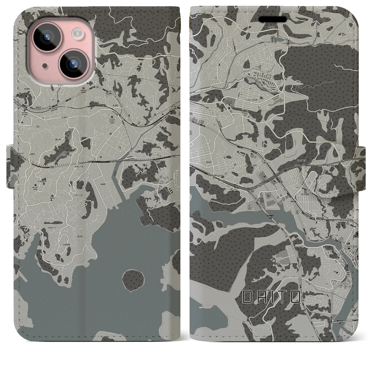 【大塔(長崎県)】地図柄iPhoneケース(手帳タイプ)モノトーン・iPhone 15 Plus 用