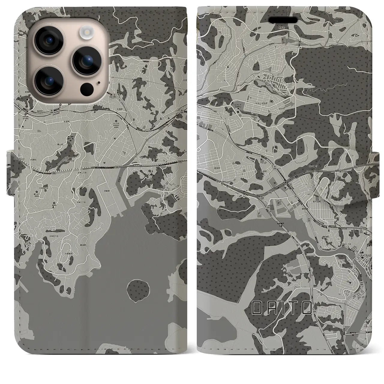 【大塔(長崎県)】地図柄iPhoneケース(手帳タイプ)モノトーン・iPhone 16 Plus 用