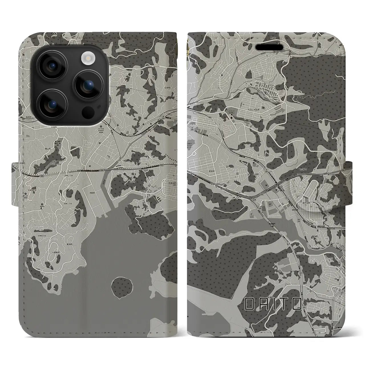 【大塔(長崎県)】地図柄iPhoneケース(手帳タイプ)モノトーン・iPhone 16 用