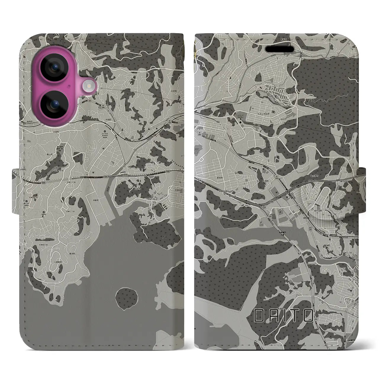 【大塔(長崎県)】地図柄iPhoneケース(手帳タイプ)モノトーン・iPhone 16 Pro 用