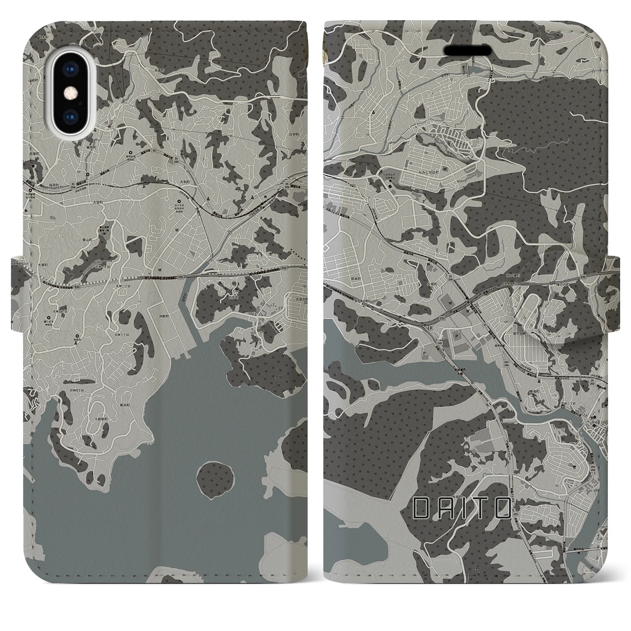 【大塔(長崎県)】地図柄iPhoneケース(手帳タイプ)モノトーン・iPhone XS Max 用