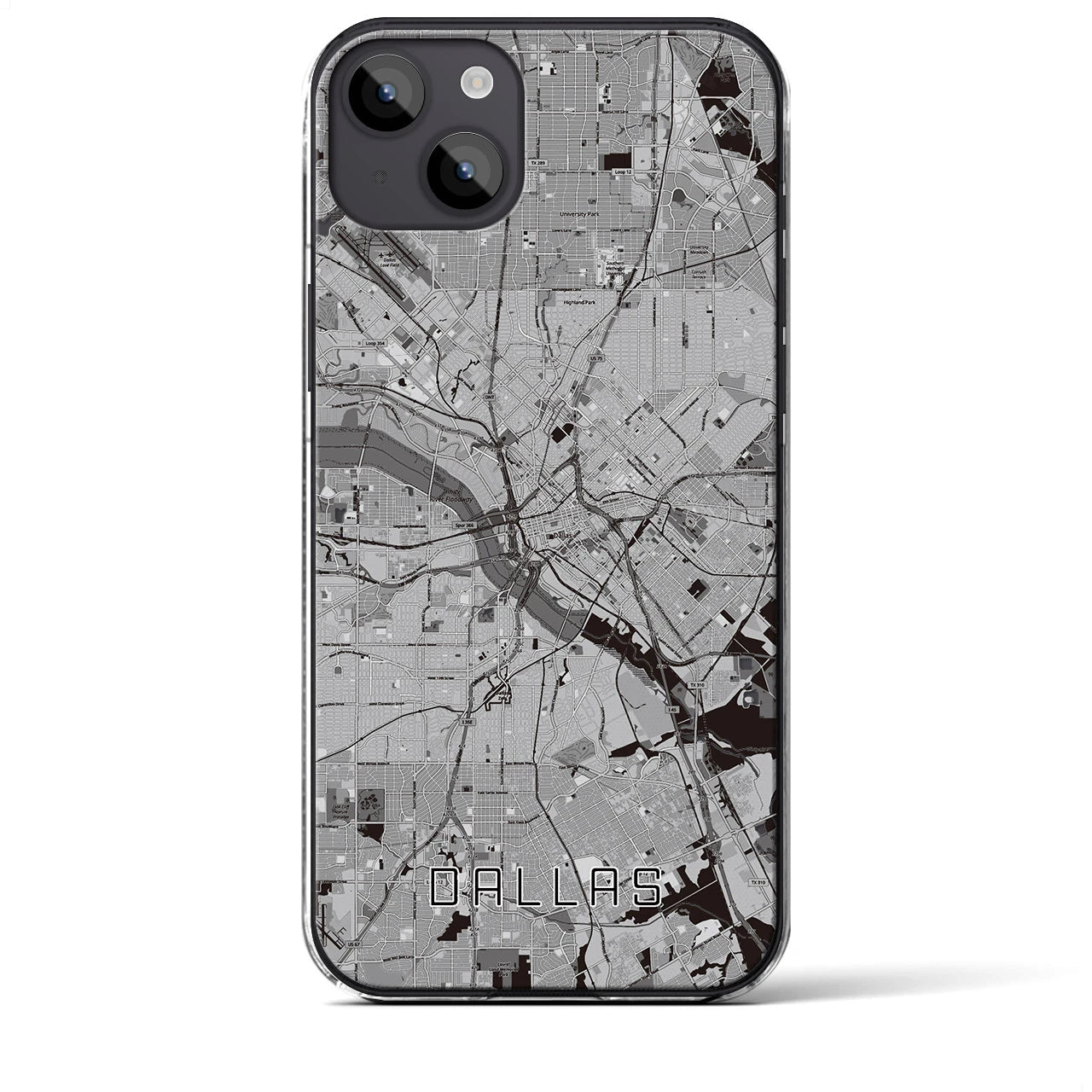 【ダラス(アメリカ)】地図柄iPhoneケース(クリアタイプ)モノトーン・iPhone 14 Plus 用