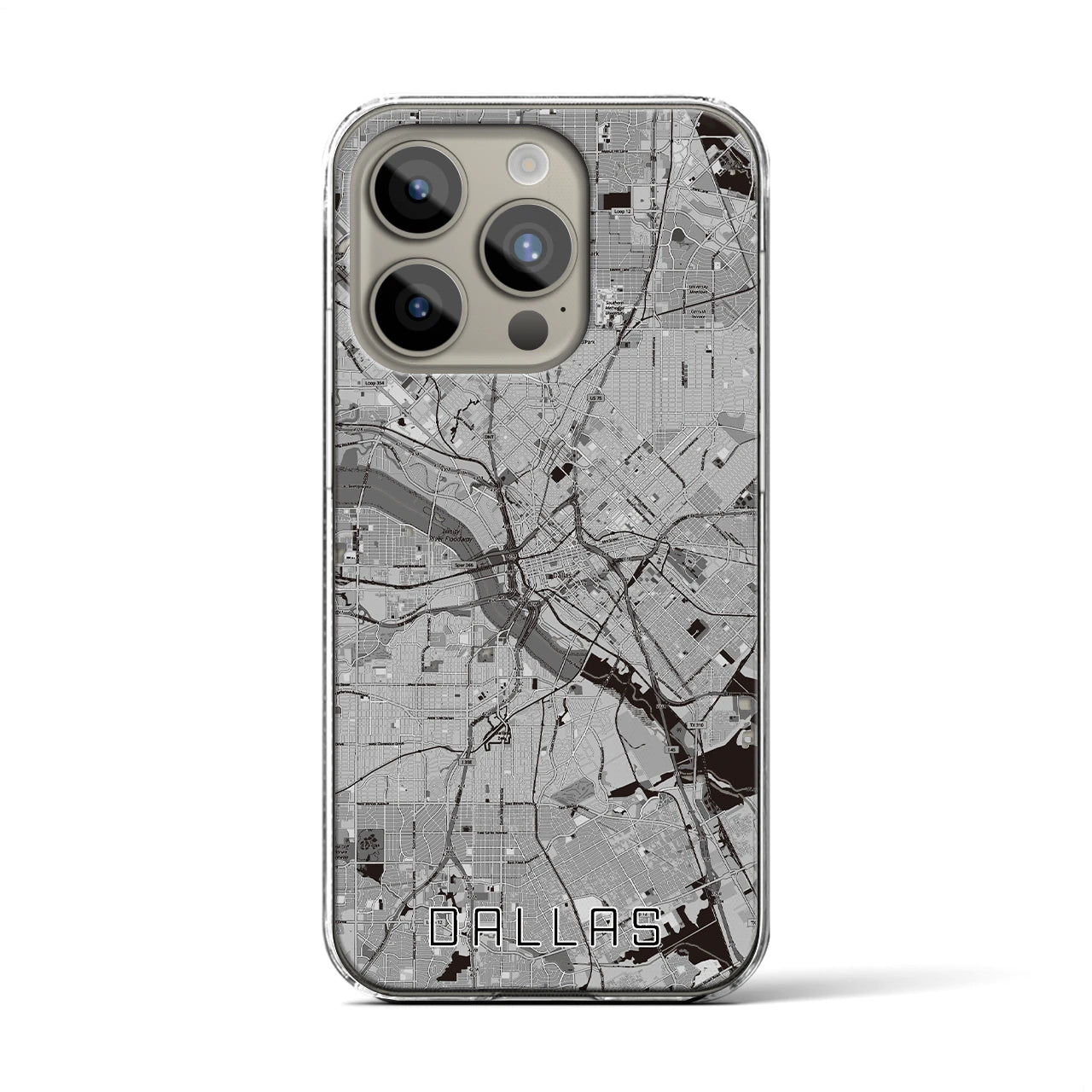 【ダラス(アメリカ)】地図柄iPhoneケース(クリアタイプ)モノトーン・iPhone 15 Pro 用