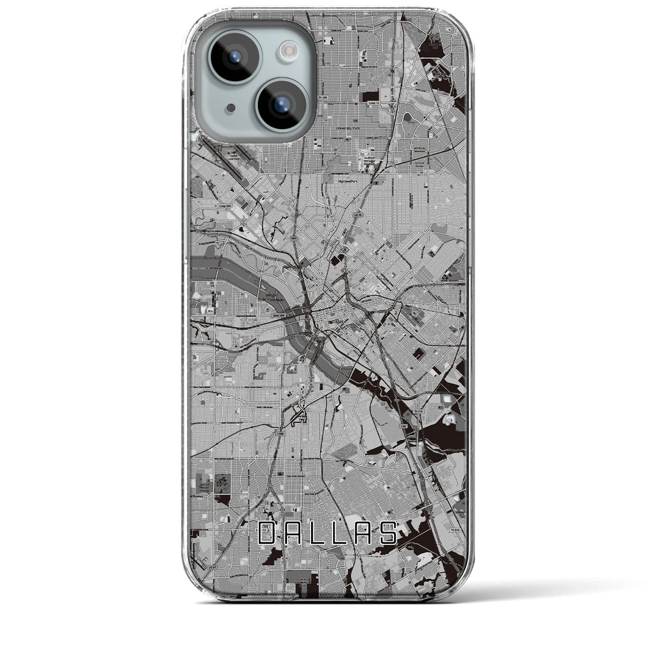 【ダラス(アメリカ)】地図柄iPhoneケース(クリアタイプ)モノトーン・iPhone 15 Plus 用