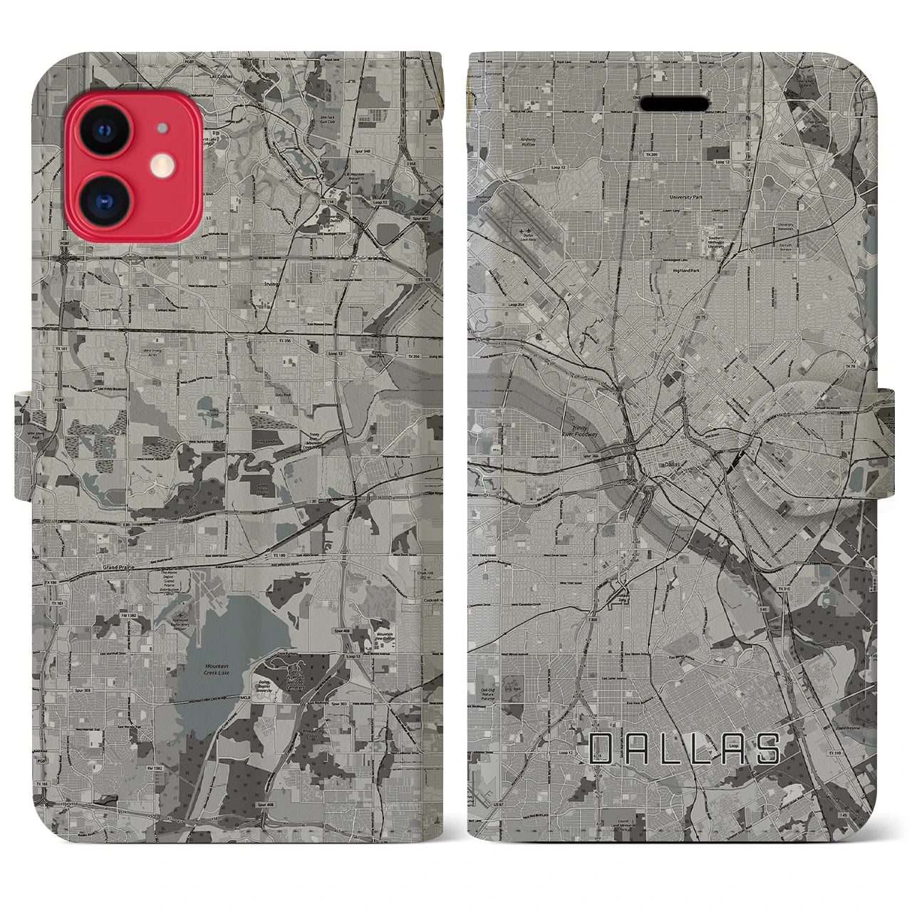 【ダラス(アメリカ)】地図柄iPhoneケース(手帳タイプ)モノトーン・iPhone 11 用