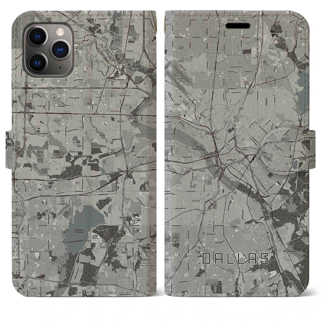 【ダラス(アメリカ)】地図柄iPhoneケース(手帳タイプ)モノトーン・iPhone 11 Pro Max 用