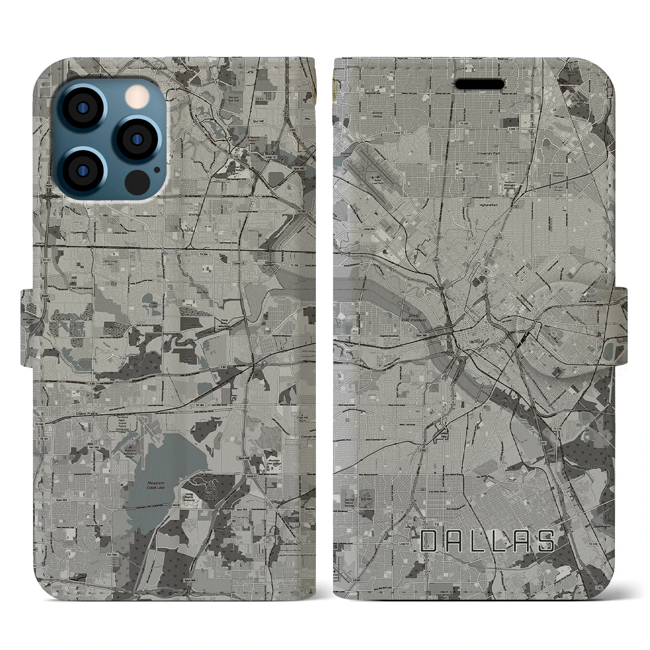 【ダラス(アメリカ)】地図柄iPhoneケース(手帳タイプ)モノトーン・iPhone 12 / 12 Pro 用