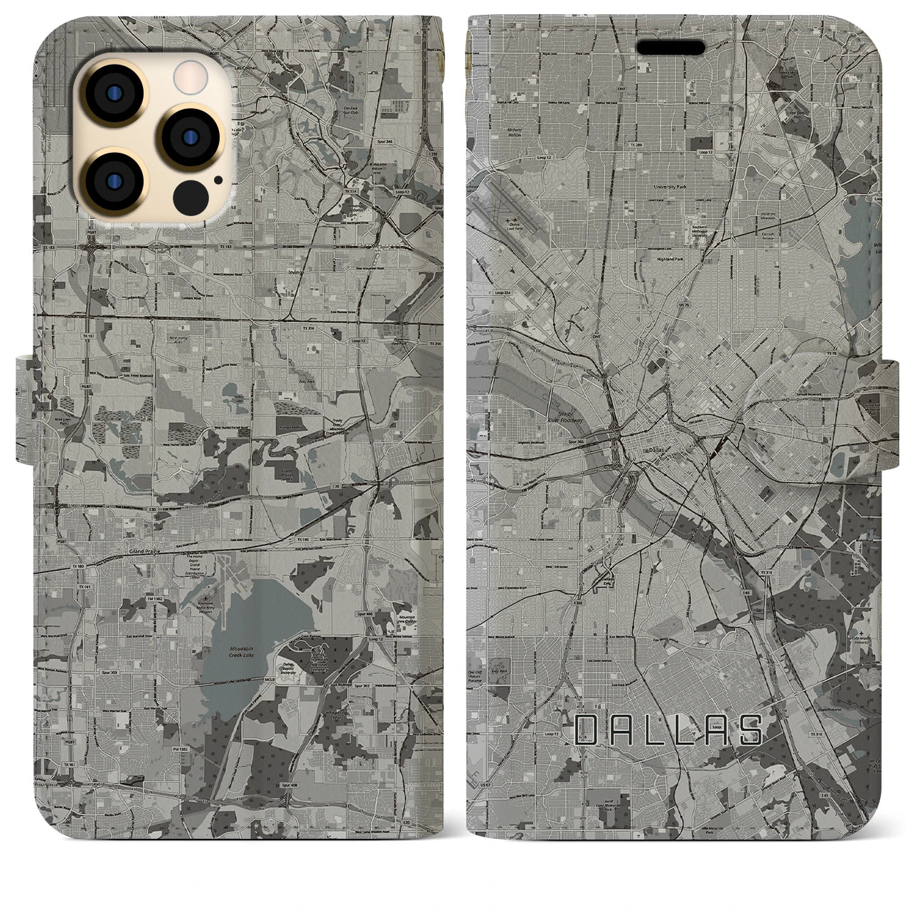 【ダラス(アメリカ)】地図柄iPhoneケース(手帳タイプ)モノトーン・iPhone 12 Pro Max 用