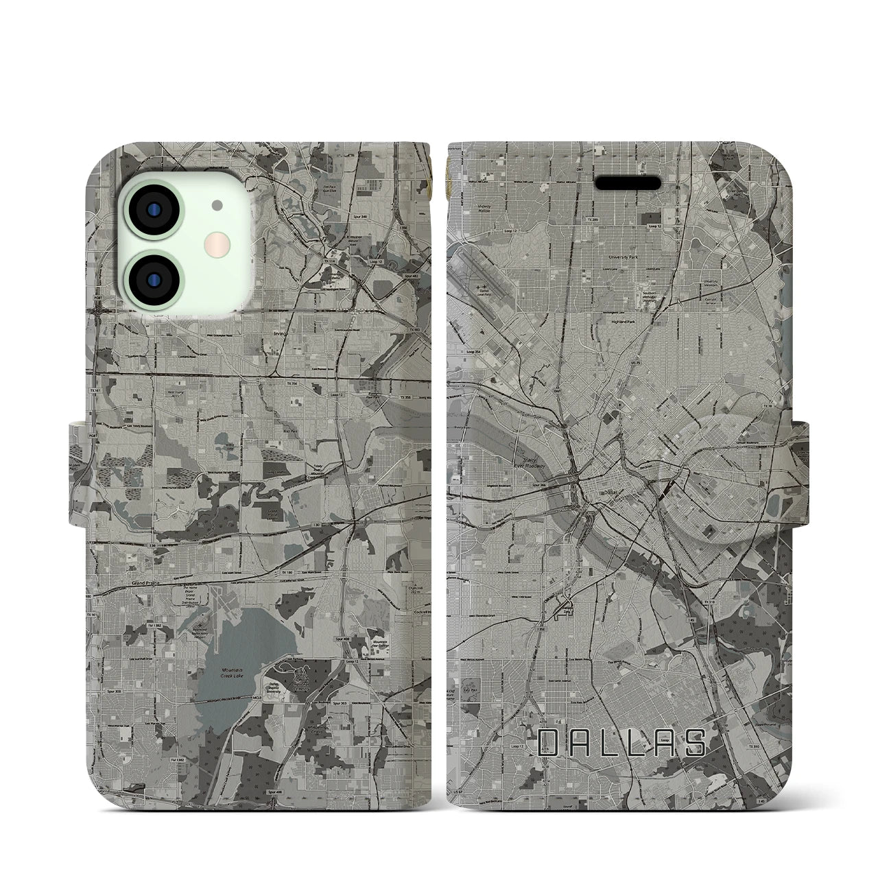 【ダラス(アメリカ)】地図柄iPhoneケース(手帳タイプ)モノトーン・iPhone 12 mini 用