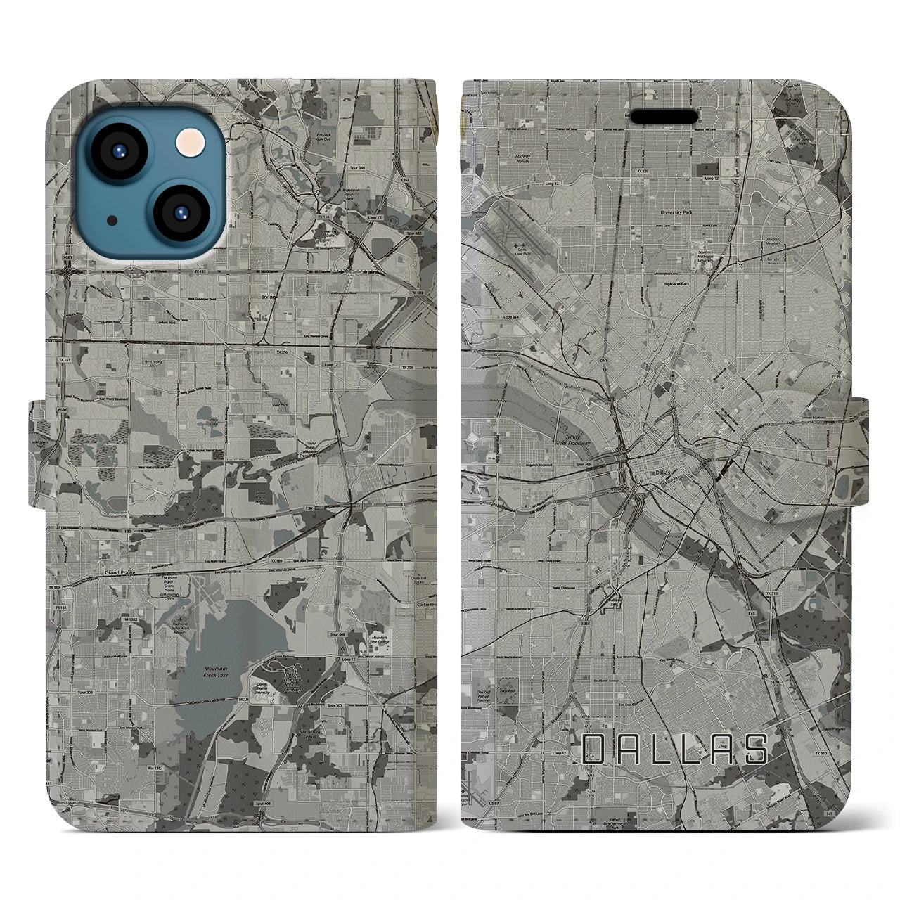 【ダラス(アメリカ)】地図柄iPhoneケース(手帳タイプ)モノトーン・iPhone 13 用