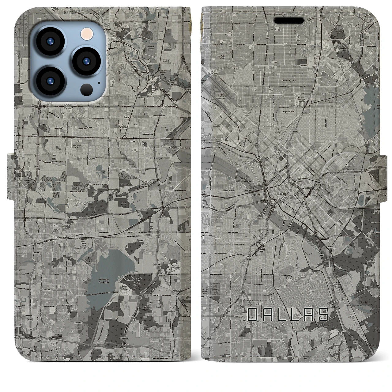 【ダラス(アメリカ)】地図柄iPhoneケース(手帳タイプ)モノトーン・iPhone 13 Pro Max 用